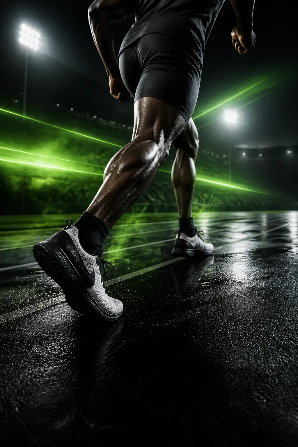 Runner moving through a dark track environment