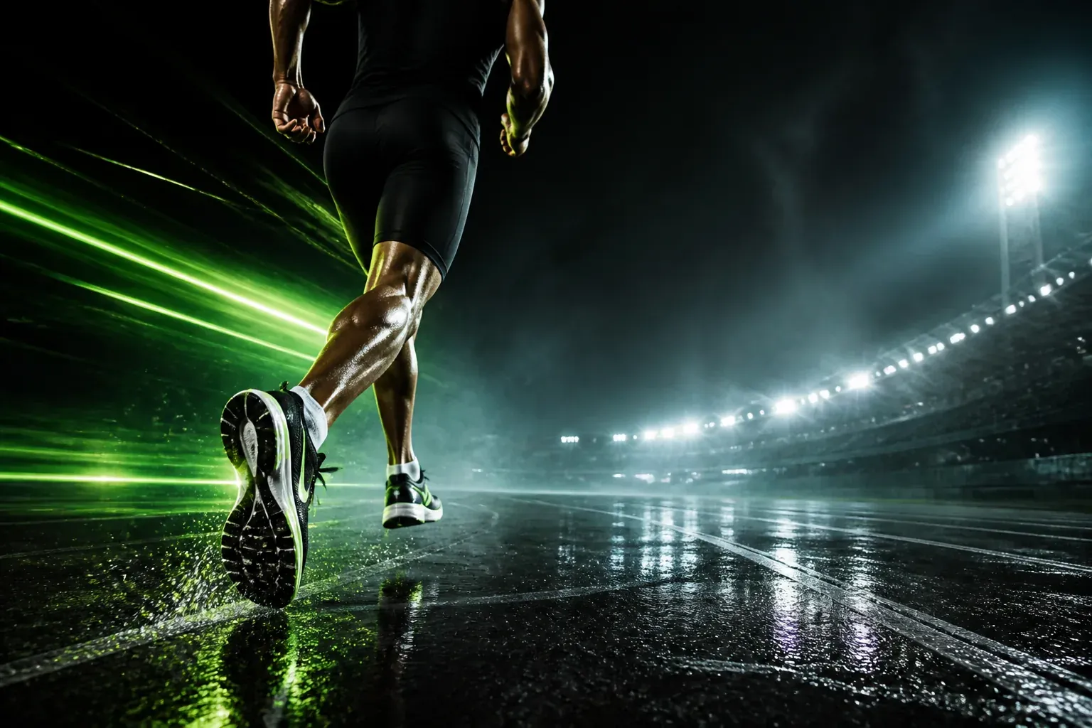 Athlete running in motion with performance footwear emphasis